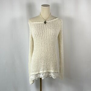 Bethany Mota Wide Open Neckline Crochet Lace Trim Sweater Cream M